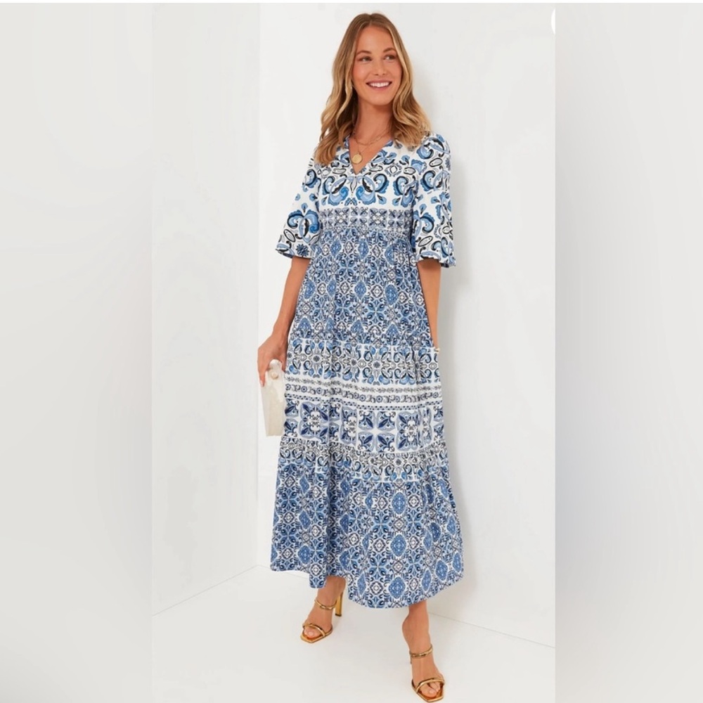 Tuckernuck New Majolica Tile Print Ginger Tiered Feminine Boho Maxi Dress
